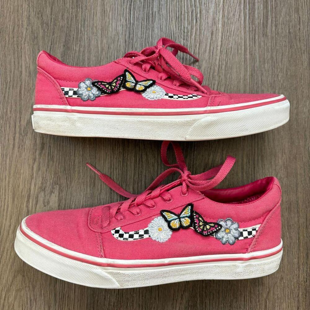 VANS Pink Sneakers US Missy Size 6 Butterfly Checkered Flower Barbie Embroidered